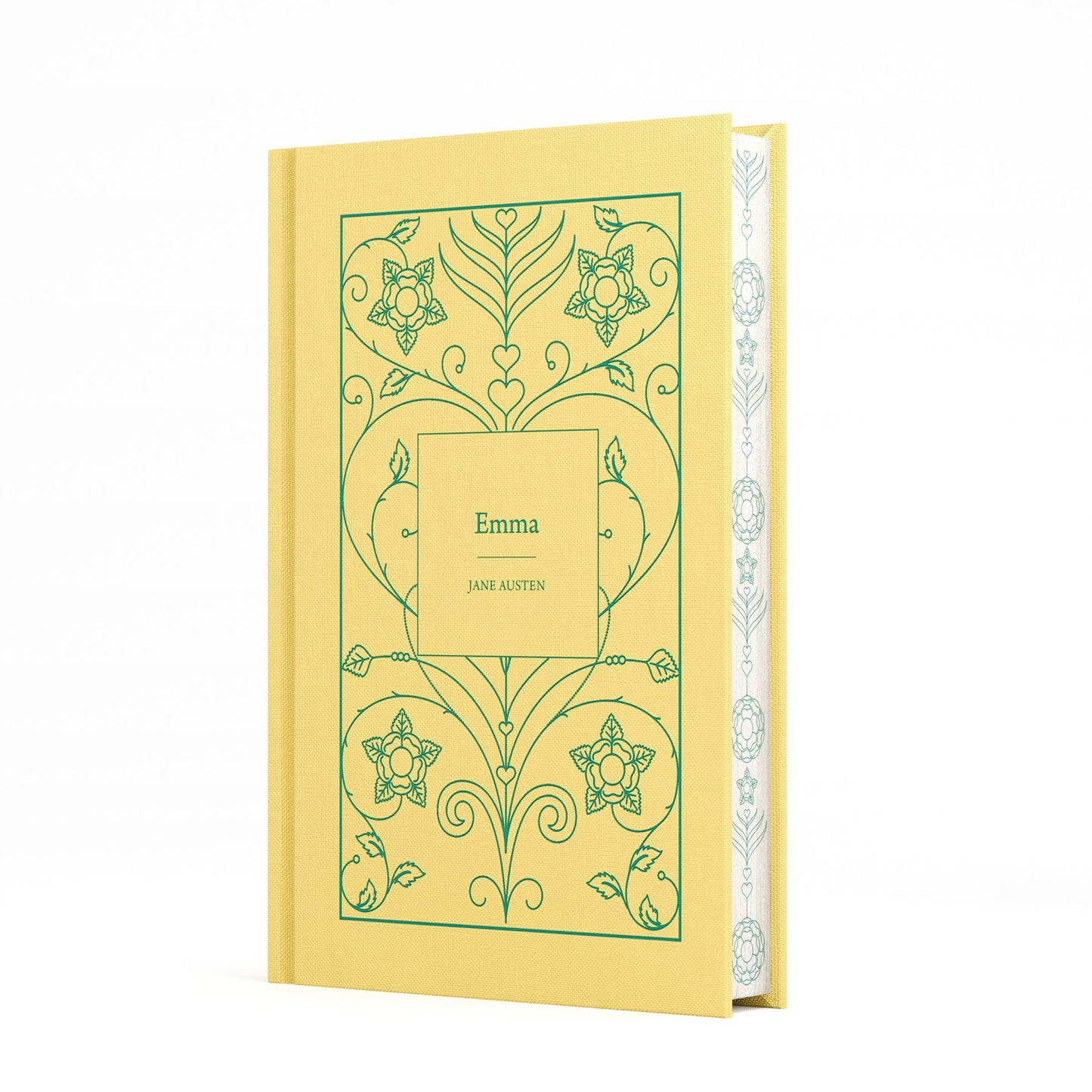 Yellow book with green decorative design and 'Emma' by Jane Austen on a white background