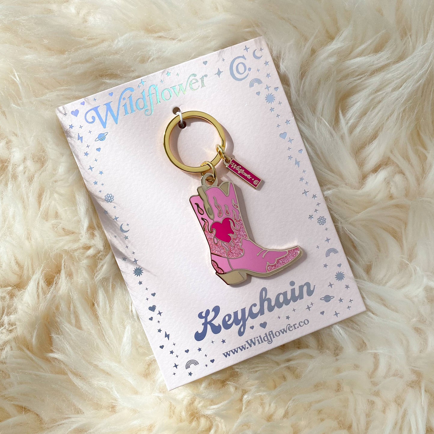 Flaming Cowgirl Pink Boot Keychain