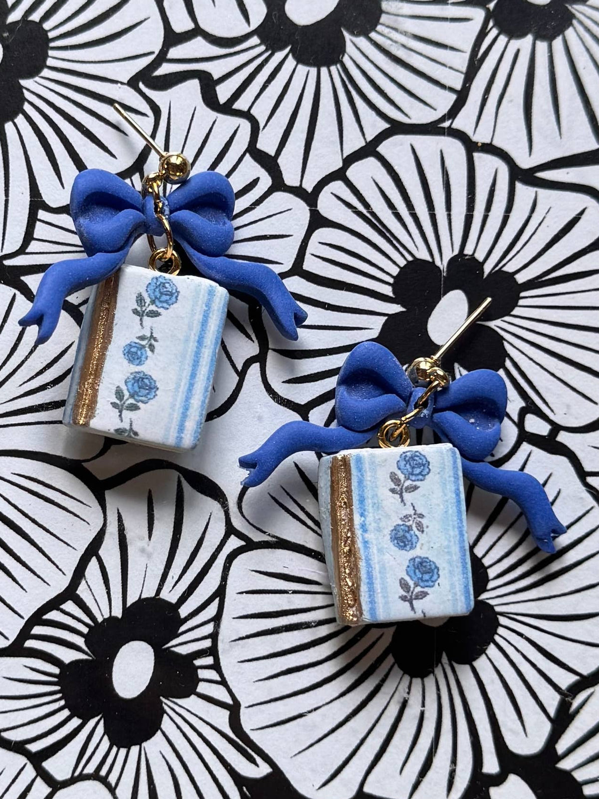 Royal Blue Books with Bows Polymer Clay Earrings