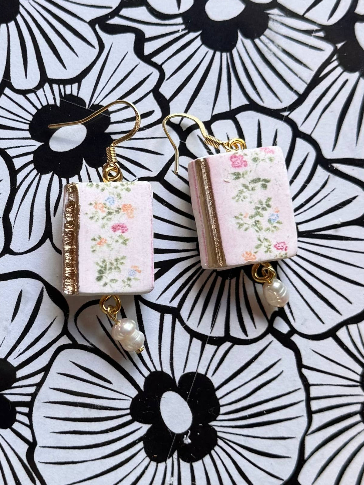 Pink Floral Books with Pearls Polymer Clay Earrings