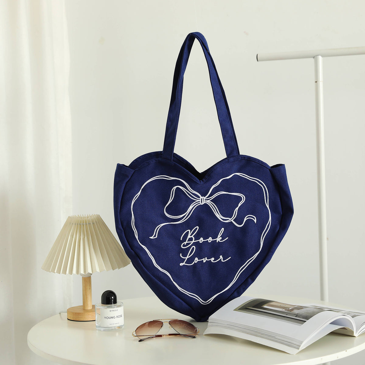 Book Lover Heart Embroidered Tote Bag: Navy Blue