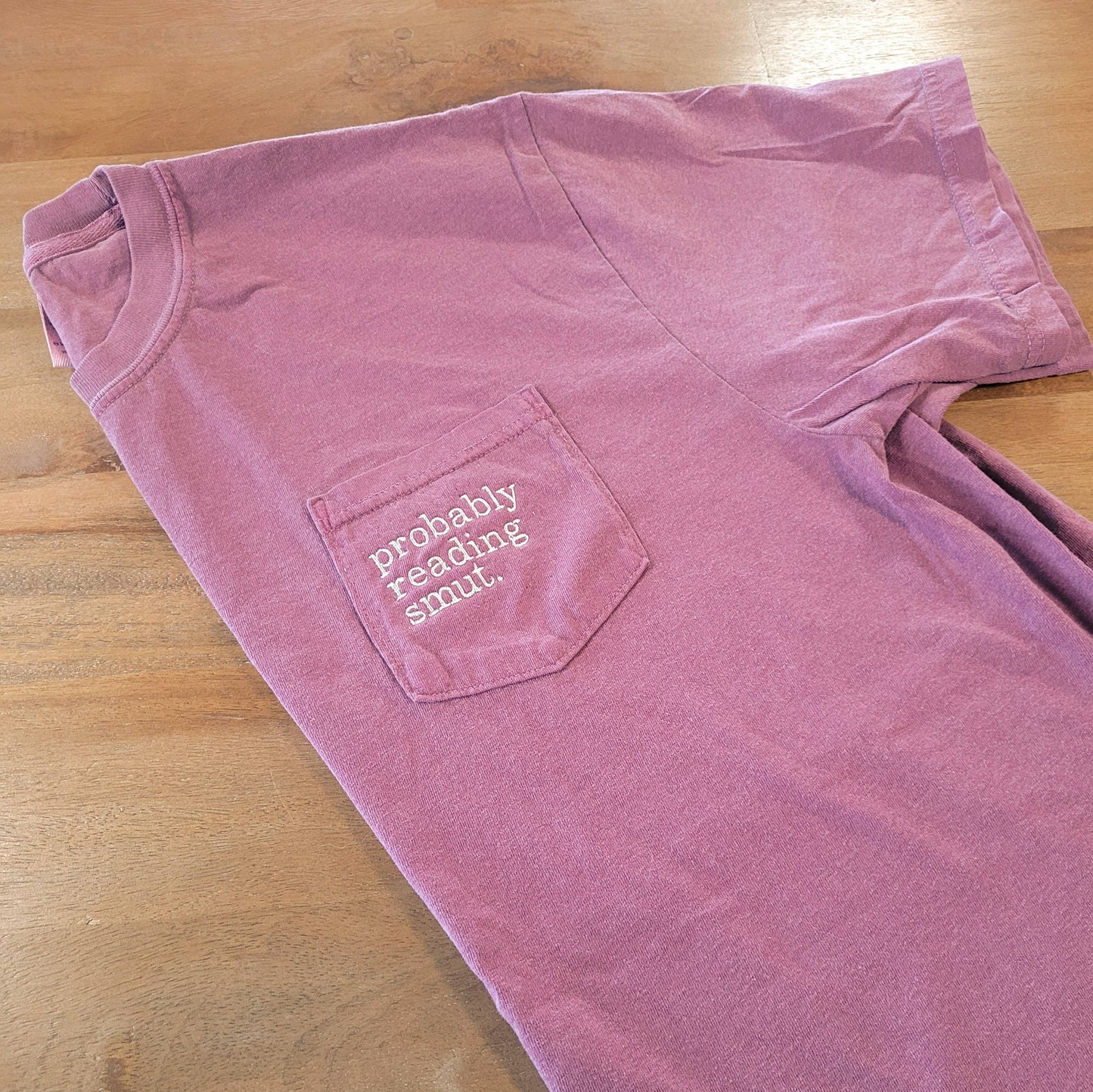 Embroidered Probably Reading Smut Pocket Tee Bookish Tshirt: Berry / M