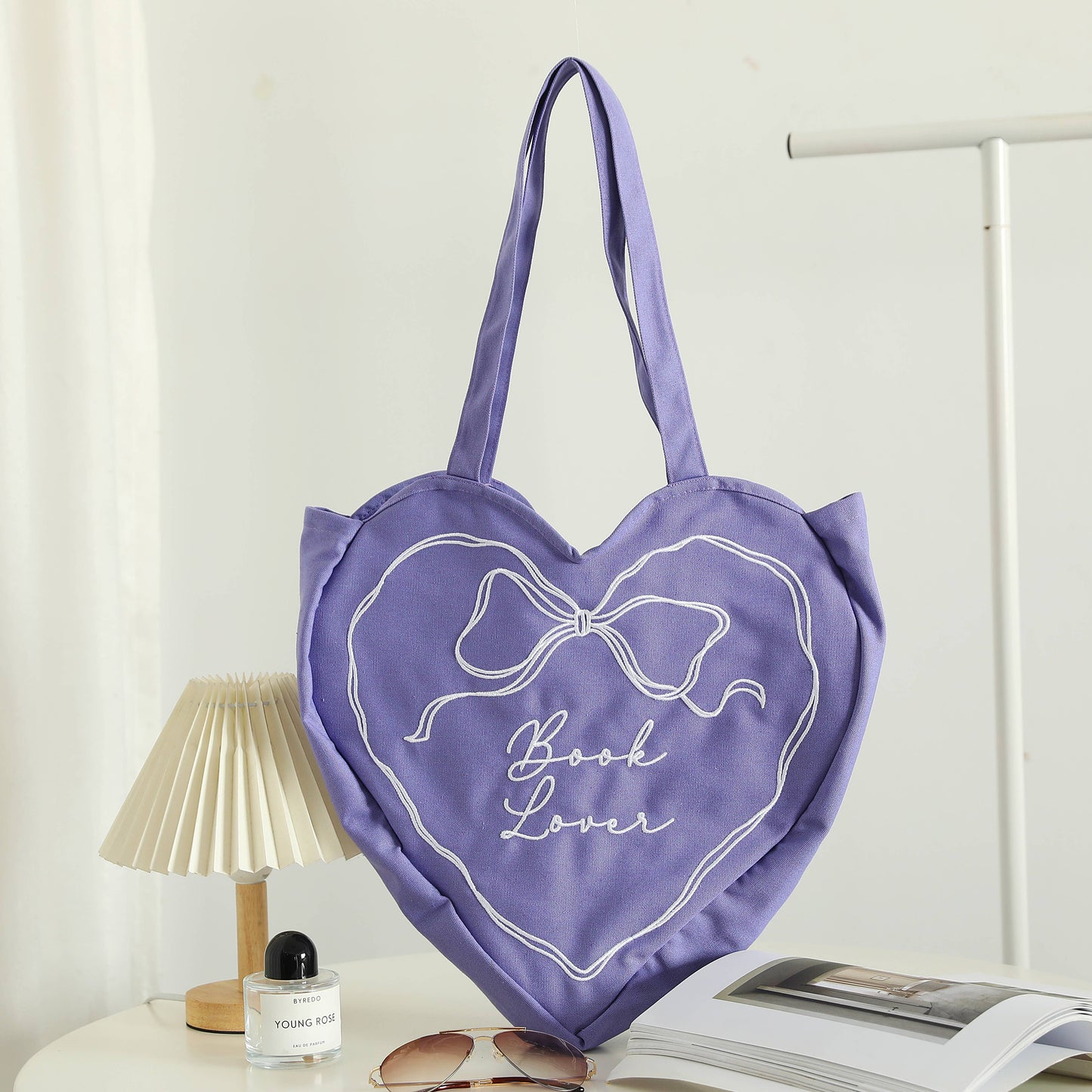 Book Lover Heart Embroidered Tote Bag, Reader Bag, Bookish: Navy Blue