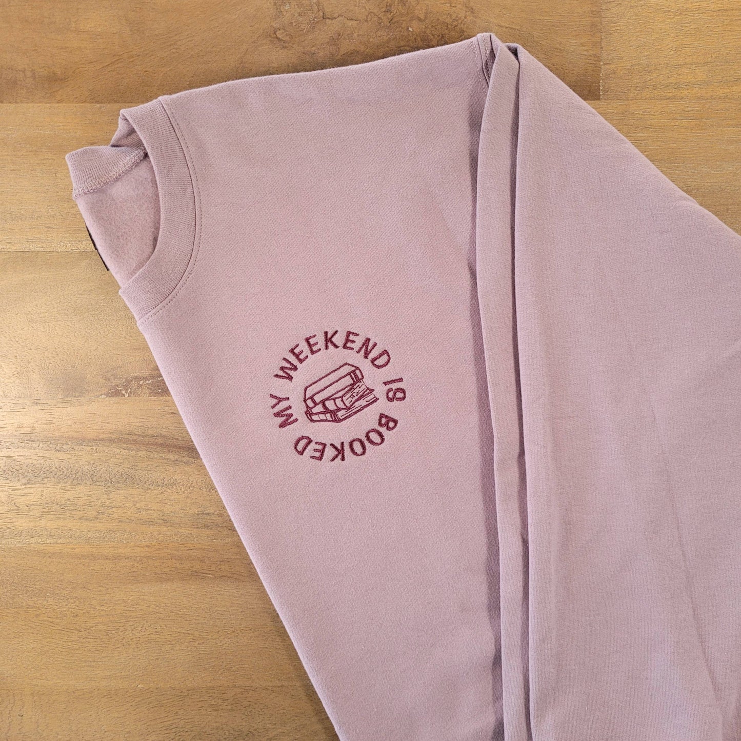 Embroidered My Weekend is Booked Book Lover Sweatshirt: Lavender - Gildan / XL