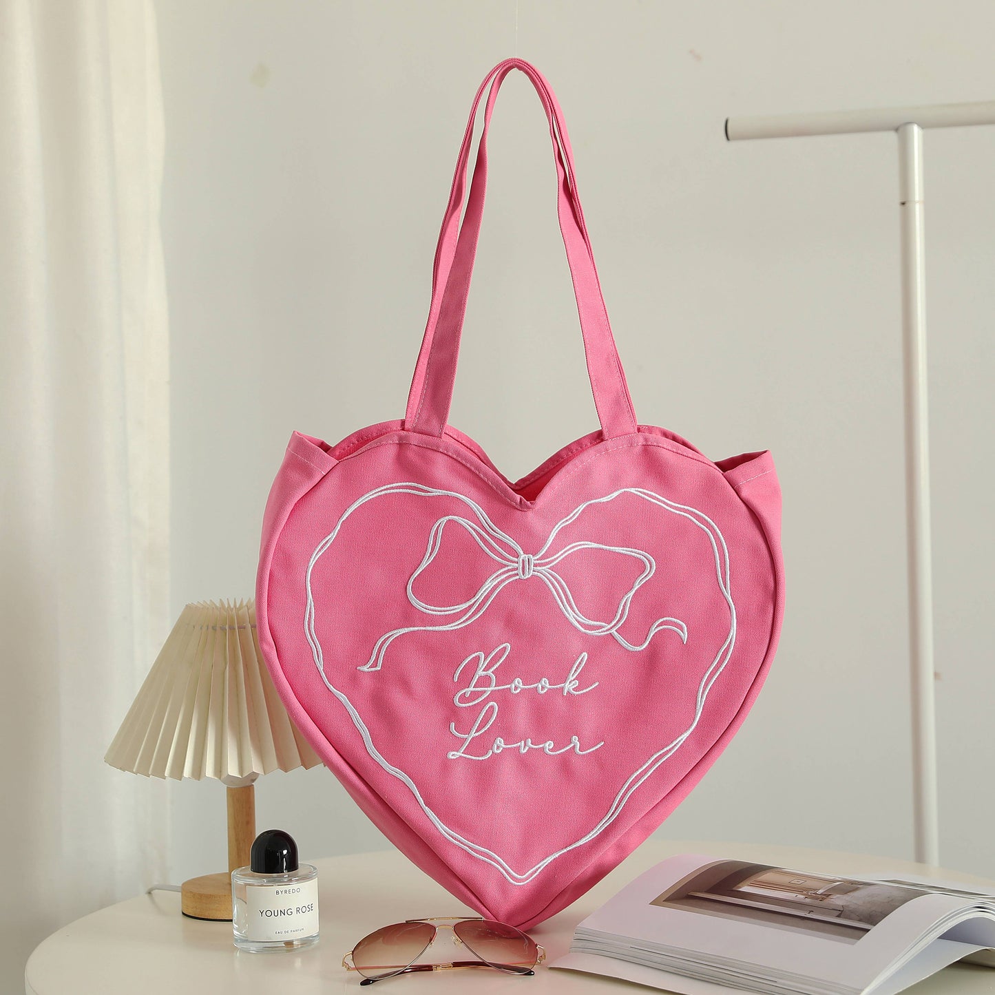 Book Lover Heart Embroidered Tote Bag, Reader Bag, Bookish: Navy Blue