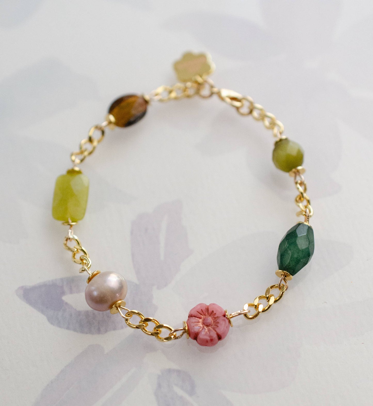 Gold Chain Pink Flower Charm Bracelet