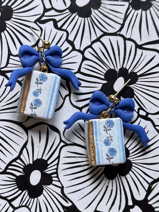 Royal Blue Books with Bows Polymer Clay Earrings