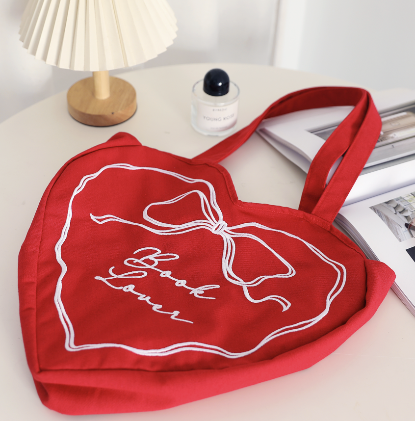 Book Lover Heart Embroidered Tote Bag, Reader Bag, Bookish: Pink