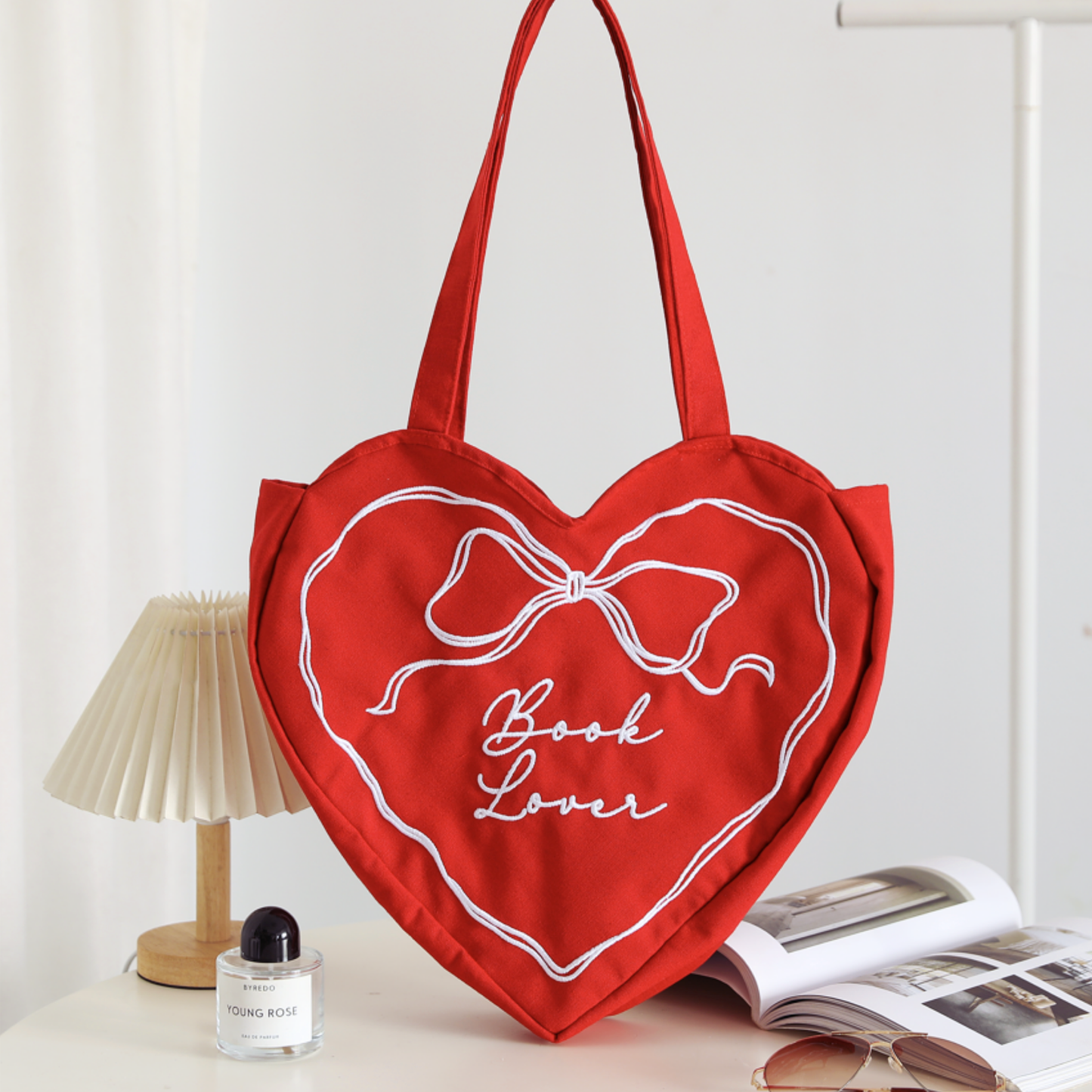 Book Lover Heart Embroidered Tote Bag, Reader Bag, Bookish: Pink