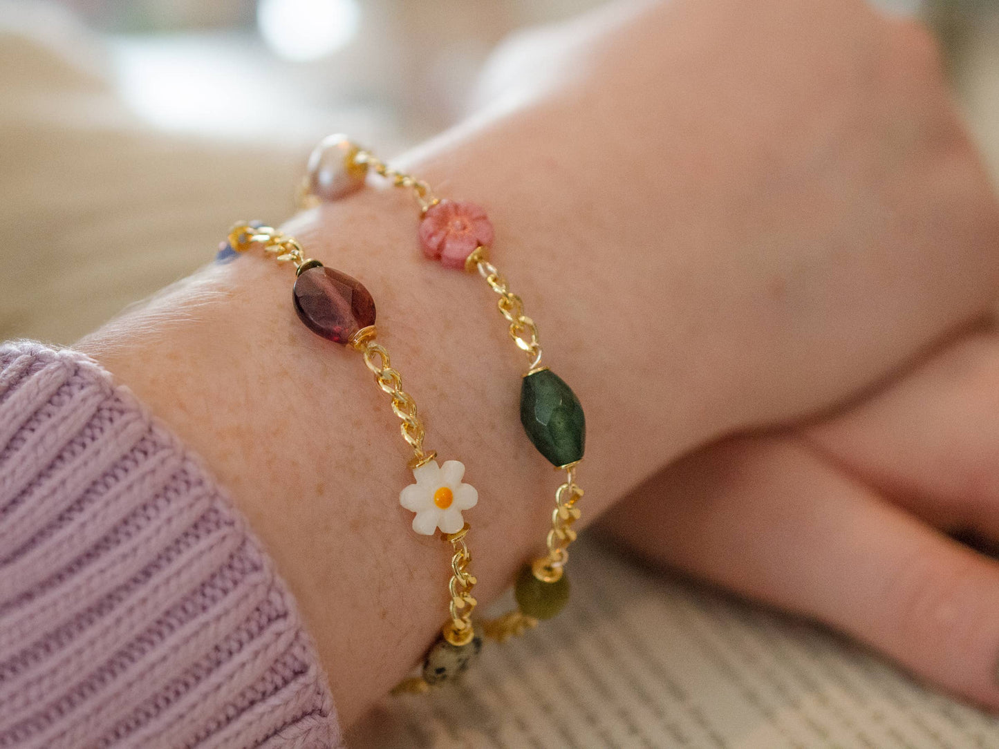 Gold Chain Pink Flower Charm Bracelet