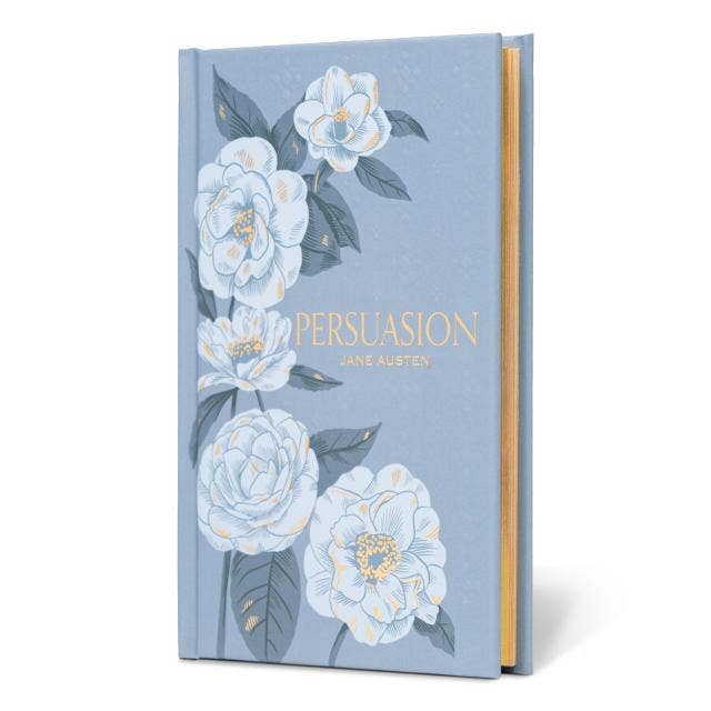 Book titled 'Persuasion' by Jane Austen with floral design on a light blue background
