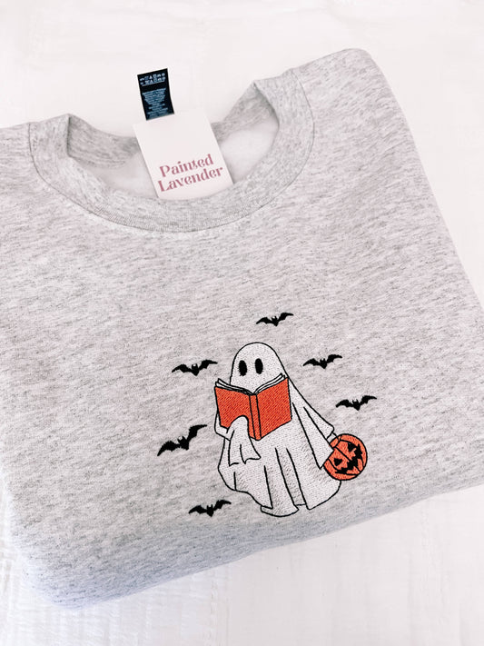 Bookish Ghost Embroidered Halloween Crewneck Sweatshirt