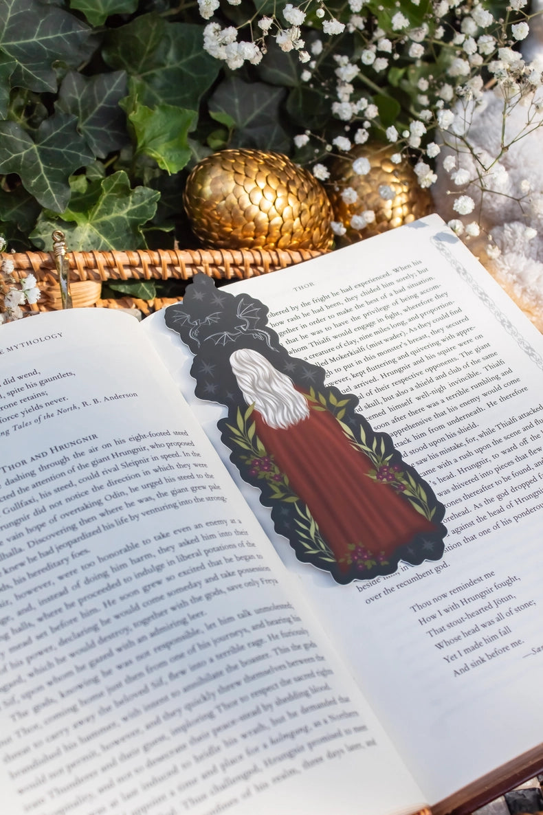 Red Cloaked Fantasy Women with Dragons Die-Cut Bookmark
