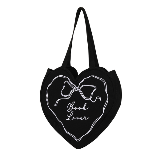 Book Lover Heart Embroidered Tote Bag: Black