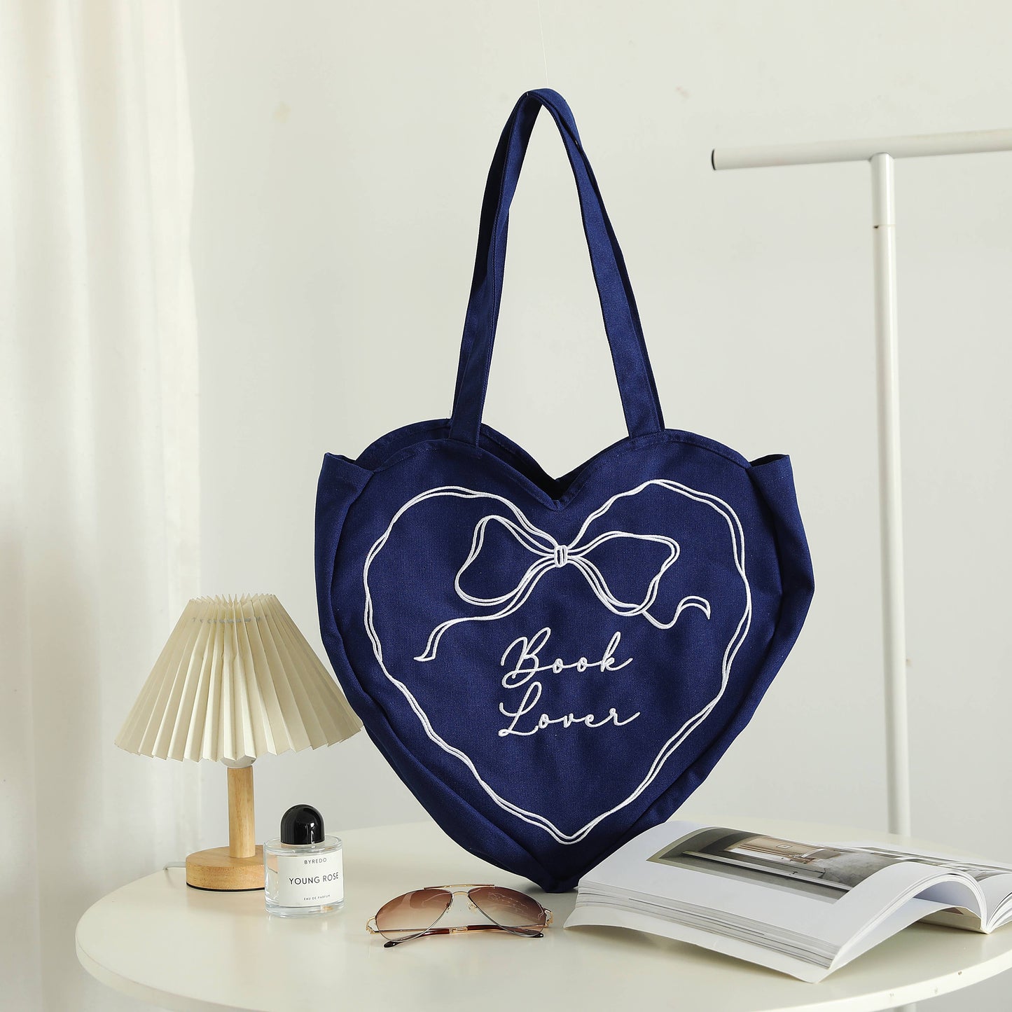 Book Lover Heart Embroidered Tote Bag, Reader Bag, Bookish: Pink